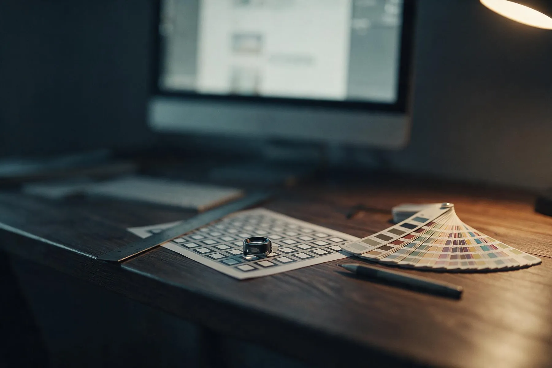 A designer's desk with a steel ruler, a printed contact sheet, a loupe and a fanned colour swatch book