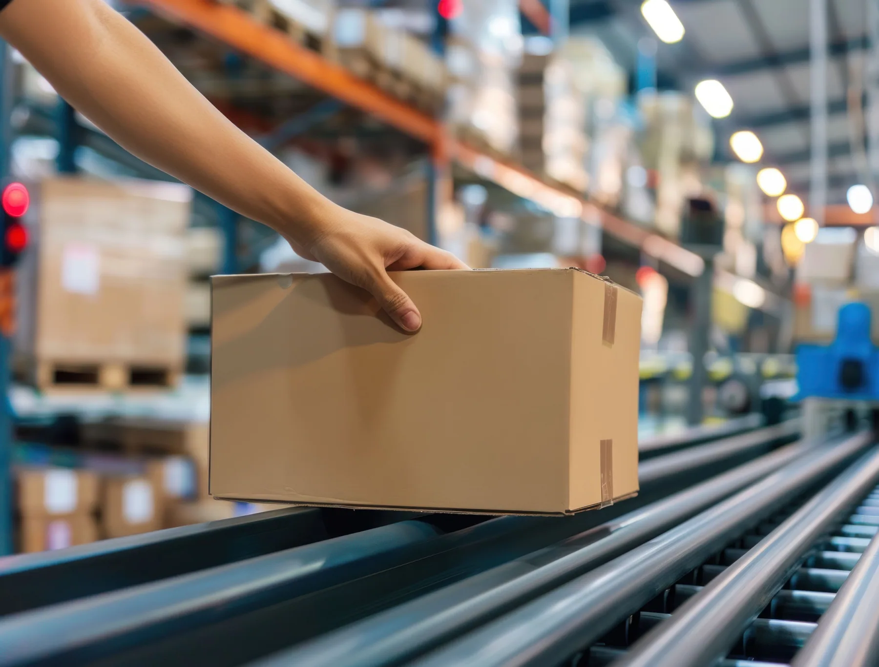 A parcel being placed onto a warehouse conveyor