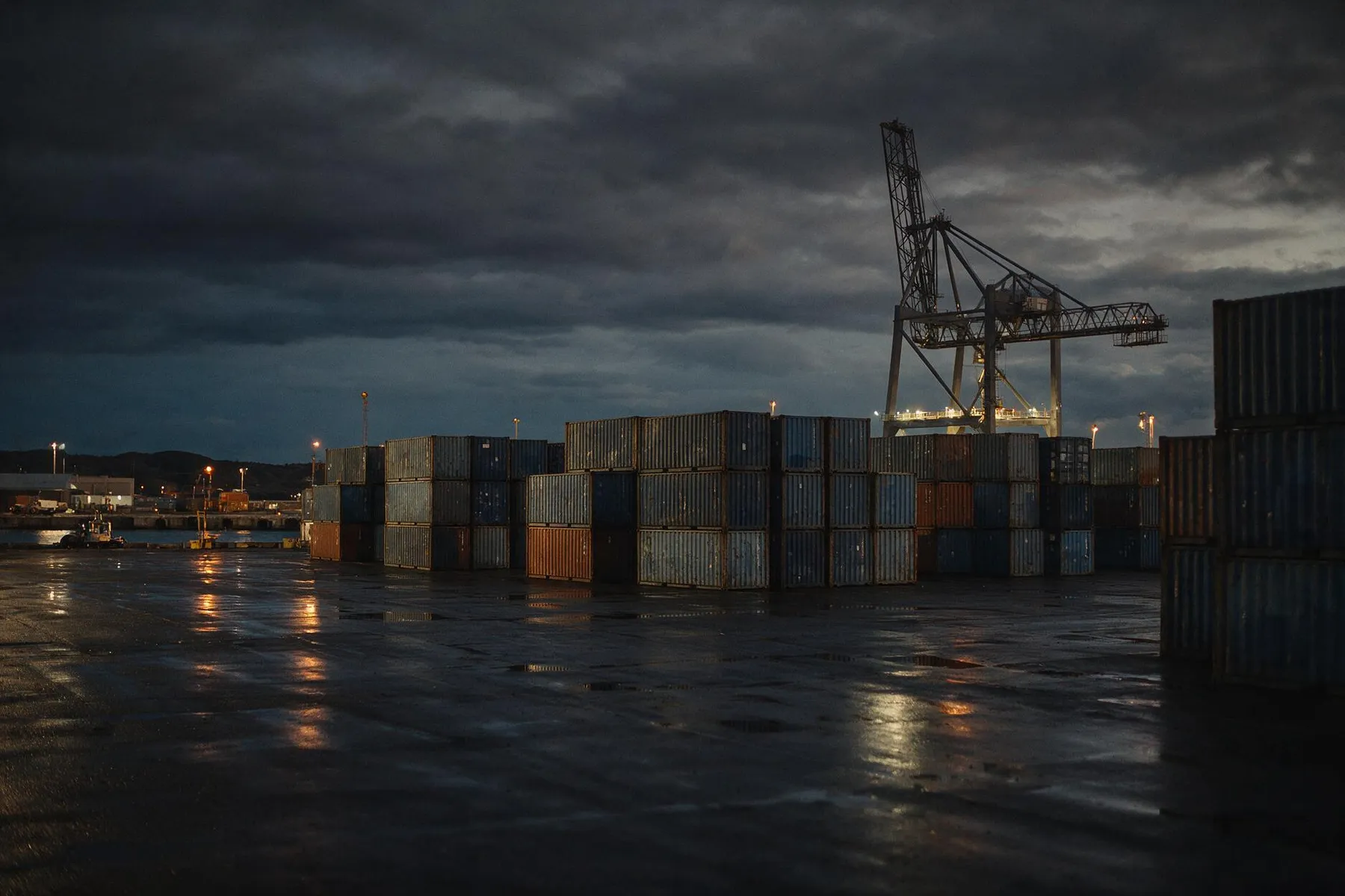 A container terminal at dusk, stacked shipping containers and a gantry crane under a heavy sky