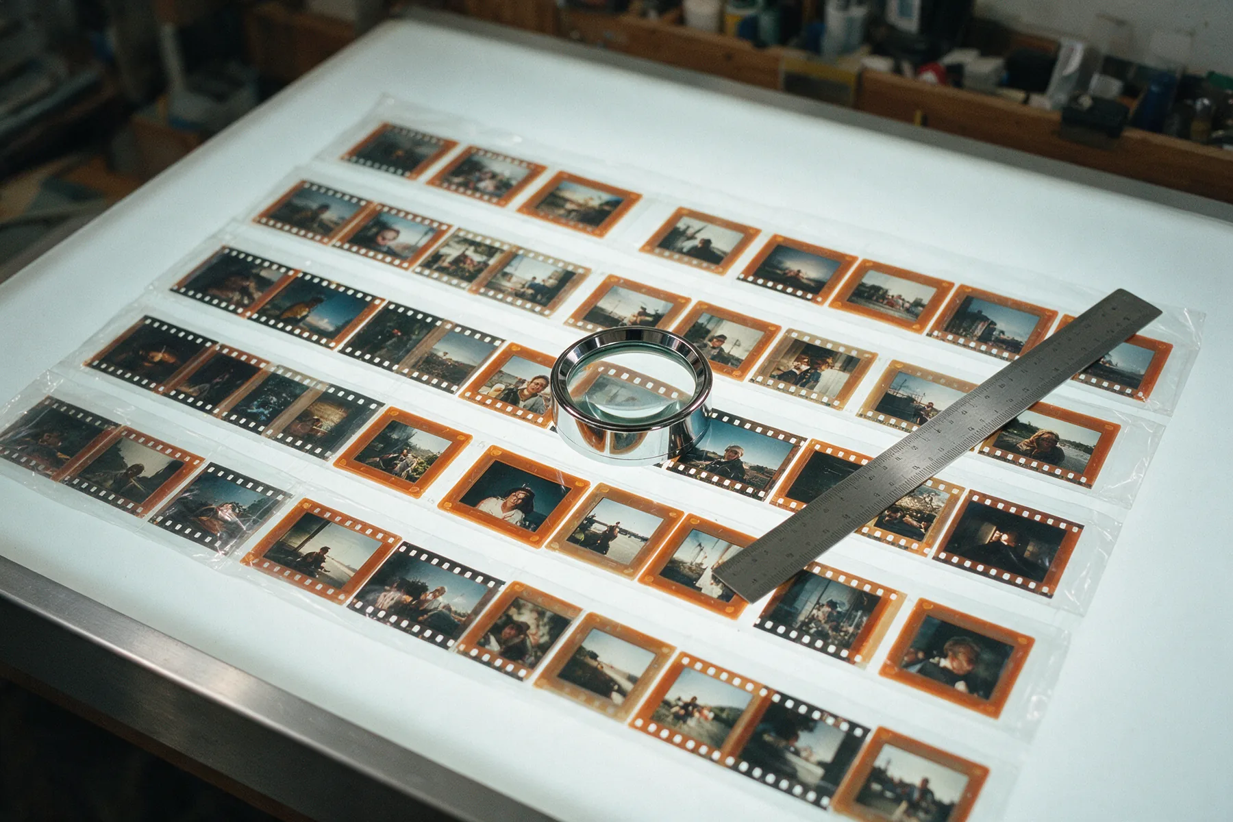 A photographer's light table with film transparencies laid out in rows, a chrome loupe and a steel rule across them