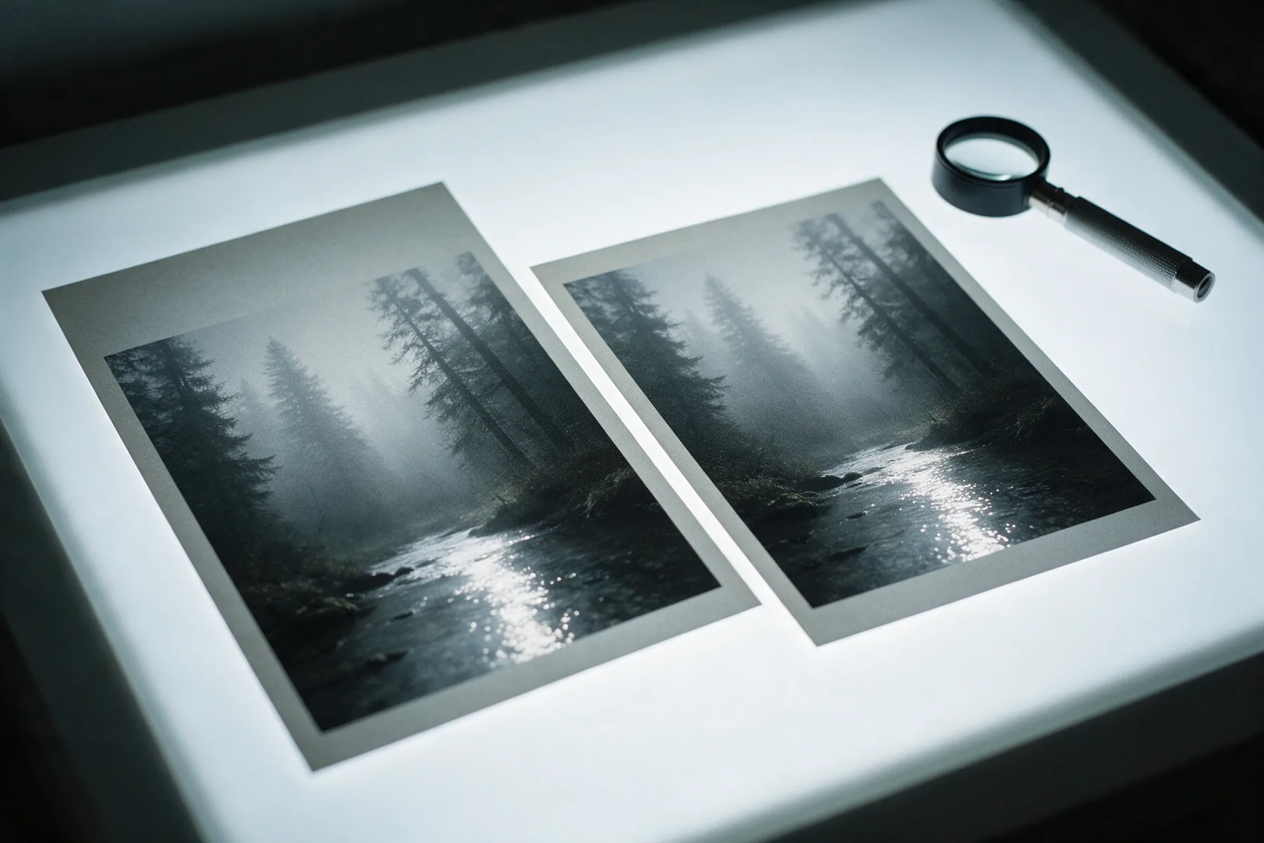 Two identical photographic prints side by side on a glowing light table, one slightly offset from the other