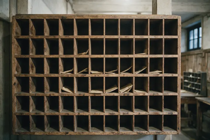 A wall of wooden pigeonhole mail sorting slots in an old post room, most of them empty