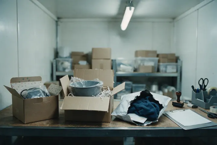 A returns counter in a despatch room with three opened parcels, a metal clipboard and a rubber stamp