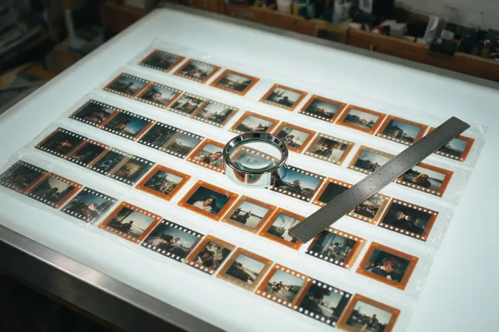 A photographer's light table with film transparencies laid out in rows, a chrome loupe and a steel rule across them