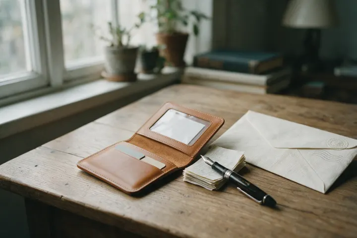 A desk with an open card document wallet, a squared stack of receipts, a pen and a franked envelope