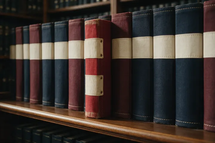 A shelf of thick cloth-bound legal volumes packed tightly together, one pulled proud of the row