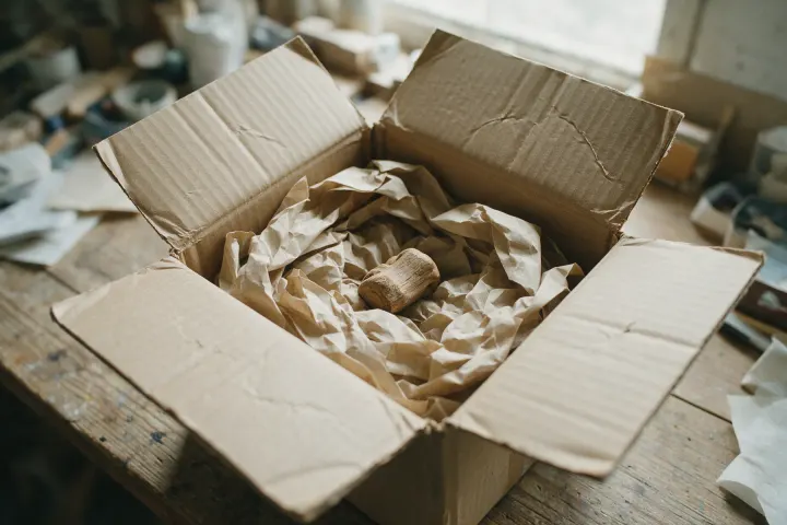 An open cardboard shipping box on a packing bench, only half filled, a small item surrounded by crumpled kraft paper