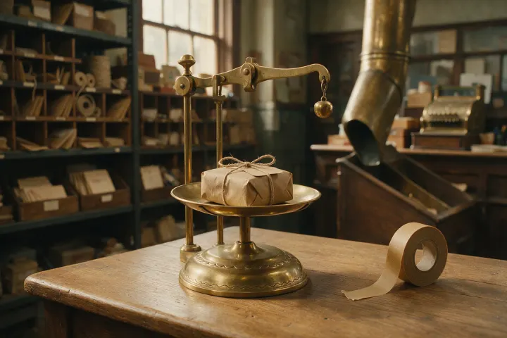 A vintage brass postal scale on a wooden counter with a small wrapped parcel resting on the pan