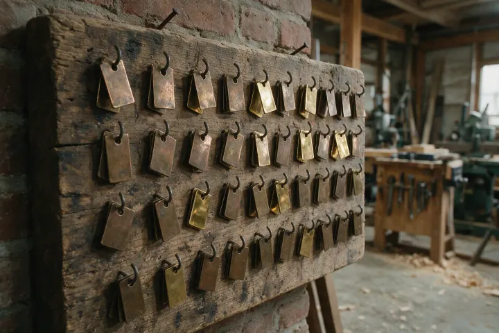 A workshop board hung with rows of small brass tags, most of them dull and tarnished, a few polished bright