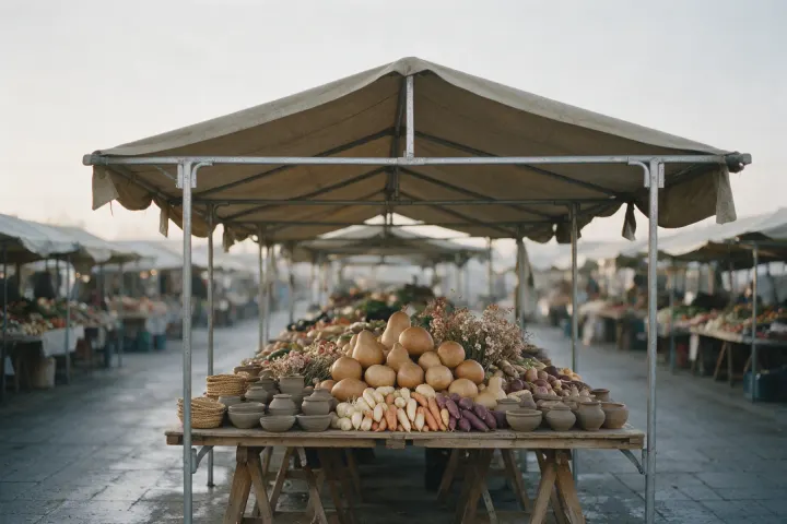An empty covered market stall at dawn, goods laid out on the trestle and the aisle in front deserted