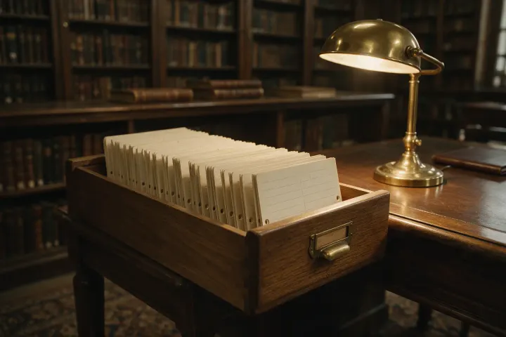 An open library card catalogue drawer packed with index cards, lit by a brass desk lamp in a book-lined reading room