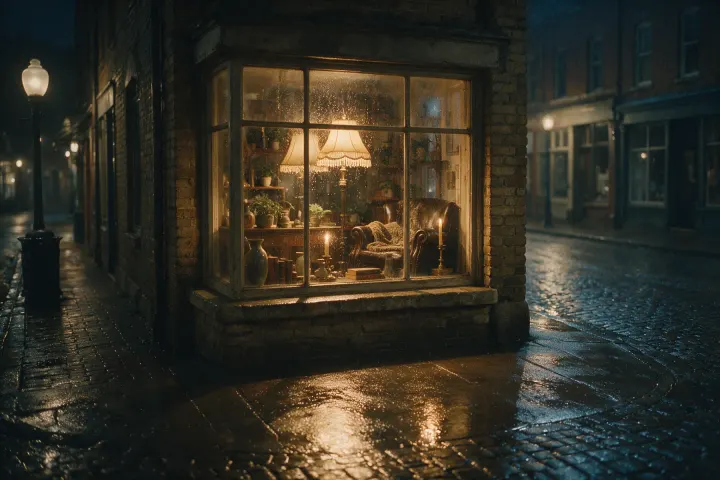A small lit shop window at night on an empty wet street