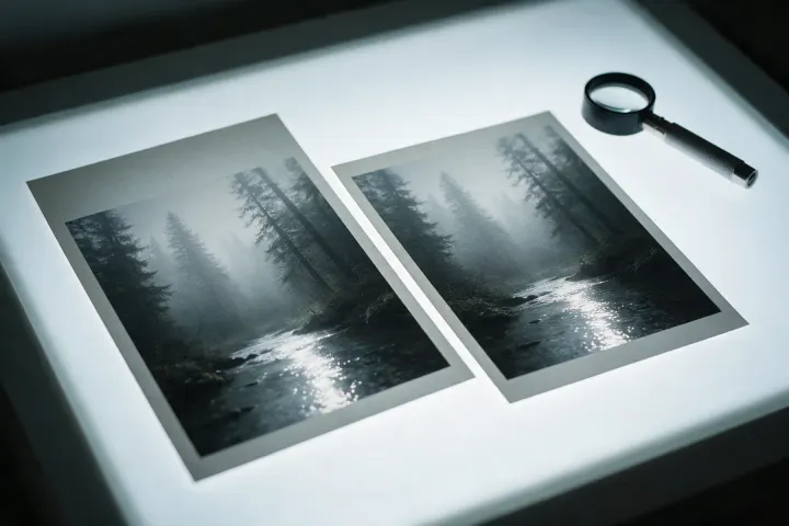 Two identical photographic prints side by side on a glowing light table, one slightly offset from the other