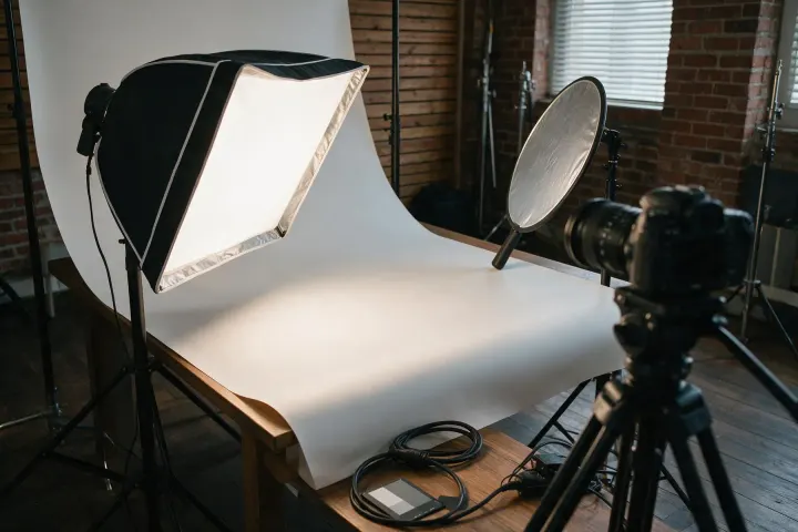 A product photography set with a white seamless sweep, a softbox, a reflector and a camera on a tripod