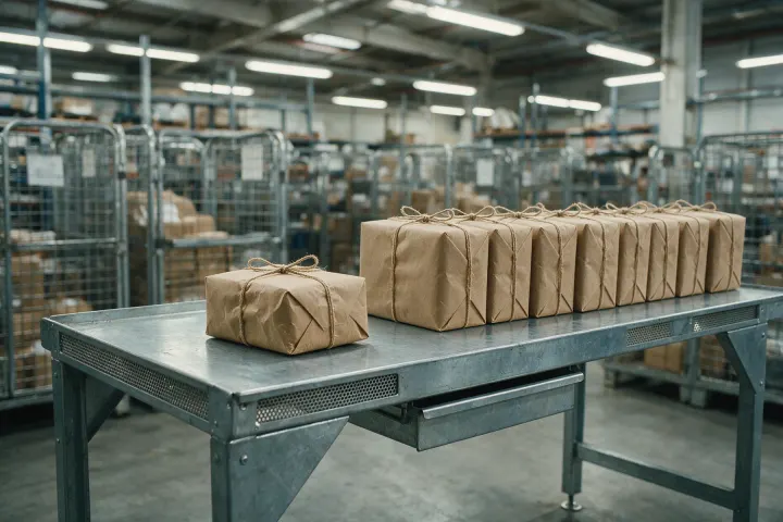 A row of identical brown paper parcels on a sorting bench, with one pulled out of line and set apart
