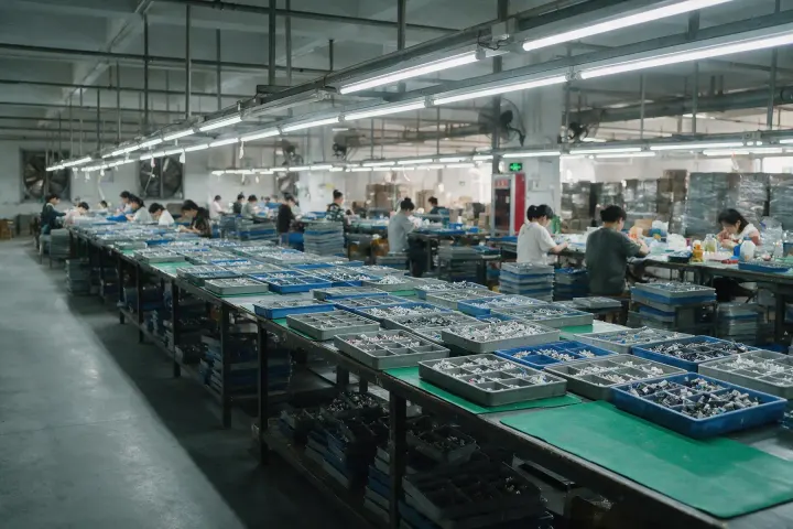 Rows of assembly benches and sorted component trays on a factory floor under strip lighting