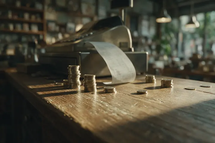 A worn shop counter with stacks of coins of differing heights and a long till receipt curling away