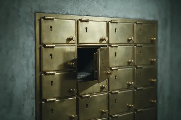 A bank of small brass safe deposit boxes set into a wall, all closed except one standing ajar