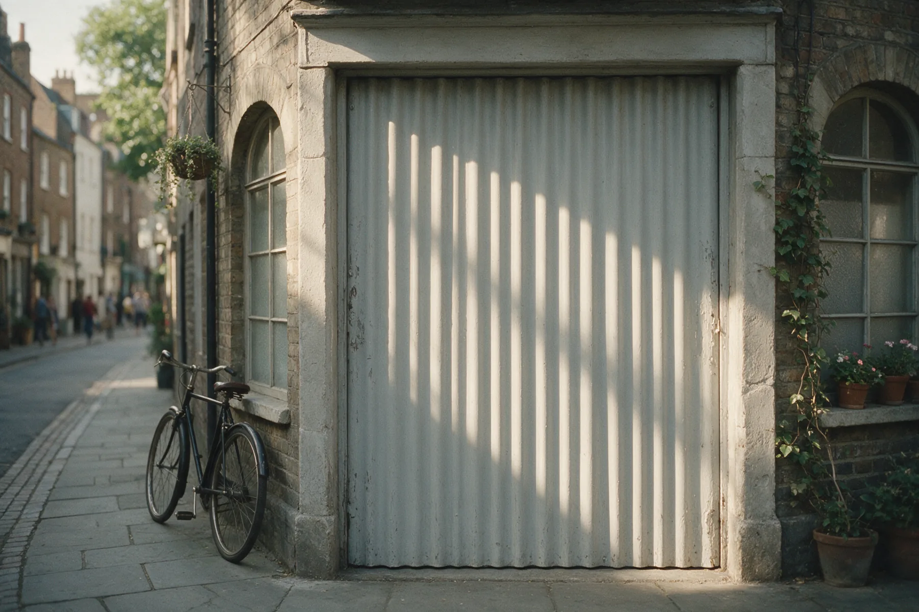 A closed corrugated metal roller shutter pulled down over a small shop front