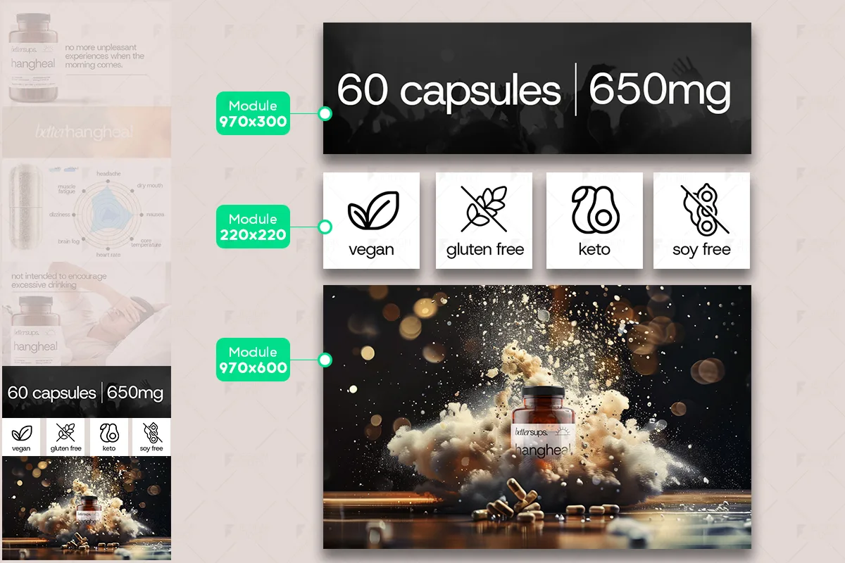 Bettersups — 60 capsules, and the four badges